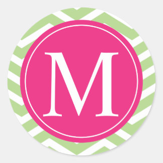 Green Chevron Pink Monogram Classic Round Sticker