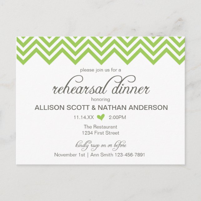 Green Chevron Rehearsal Dinner Invite Postcard (Front)