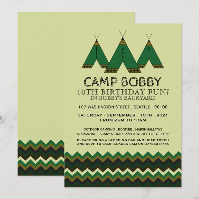 Green Chevron Tipi, Camping Birthday Invitation (Front/Back)