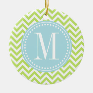 Green Chevron Zigzag Personalised Monogram Ceramic Tree Decoration