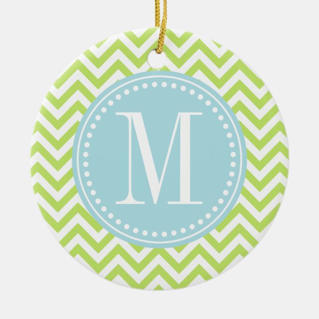 Green Chevron Zigzag Personalised Monogram Ceramic Tree Decoration (Front)