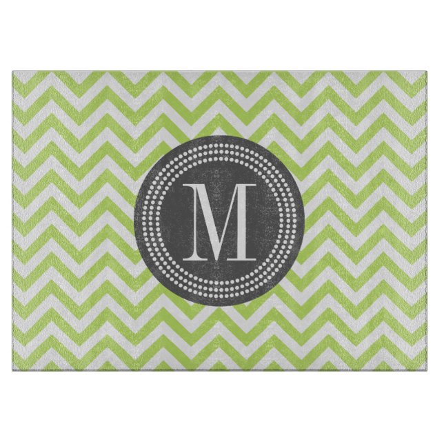 Green Chevron Zigzag Personalised Monogram Cutting Board (Front)