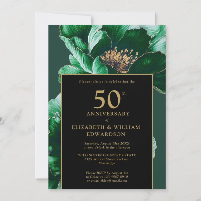 Green Chic Floral Black And Gold 50th Anniversary Invitation (Front)