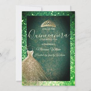 Green chic Gold sequins dress tiara Quinceañera Invitation