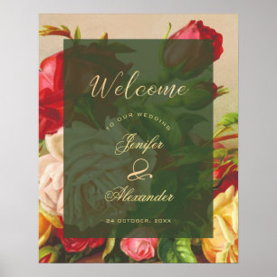 Green chic vintage roses wedding welcome script poster