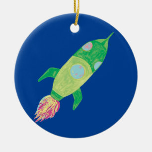 Green Childish Space Rocket Ceramic Tree Decoration