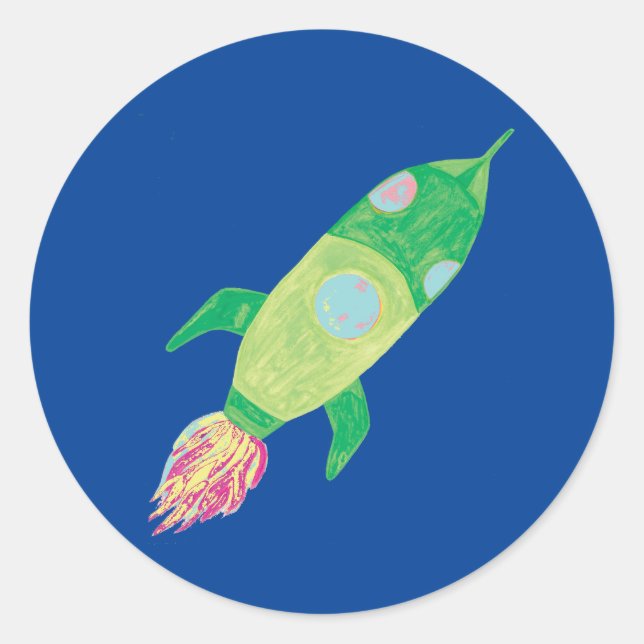 Green Childish Space Rocket Classic Round Sticker (Front)