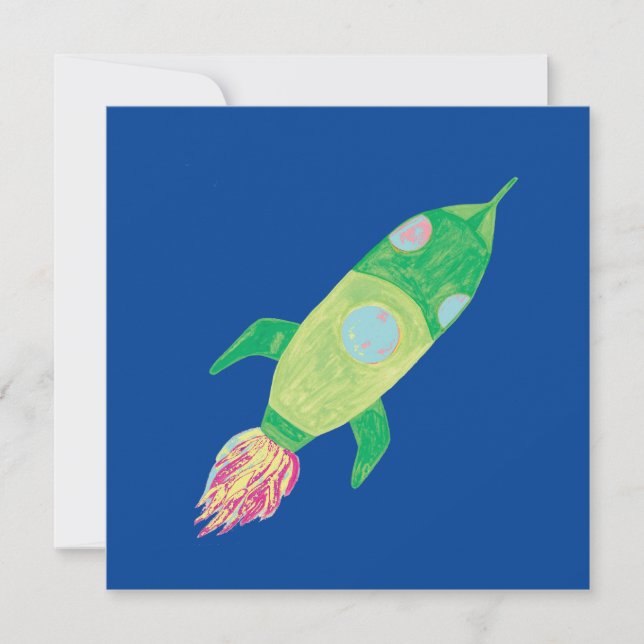 Green Childish Space Rocket Invitation (Front)