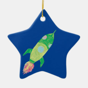 Green Childish Space Rocket Star Ceramic Tree Decoration