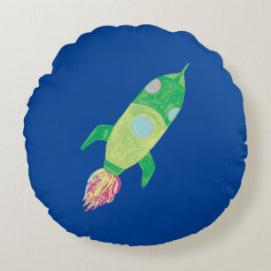 Green Childish Space Rocket Star Round Cushion