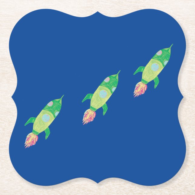 Green Childish Space Rockets  Paper Coaster (Front)