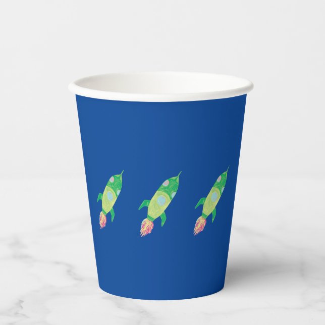 Green Childish Space Rockets  Paper Cups (Front)