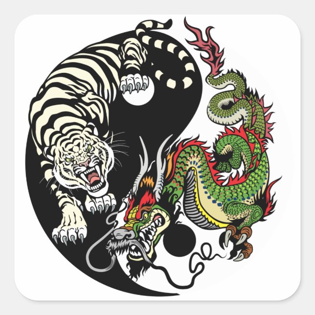 green Chinese Dragon and White Tiger YIN YANG Square Sticker (Front)