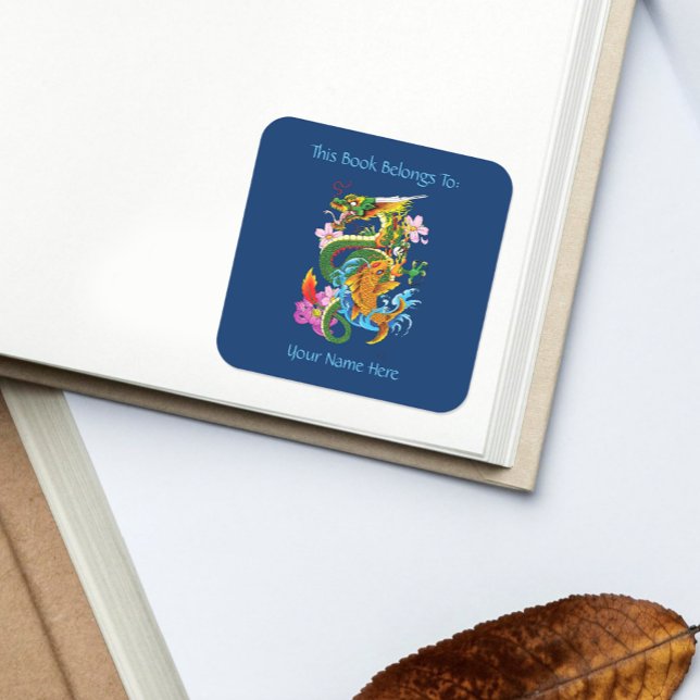 Green Chinese Dragon Koi Bookplate Square Sticker (Creator Uploaded)