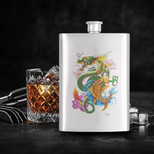 Green Chinese Dragon Koi Hip Flask