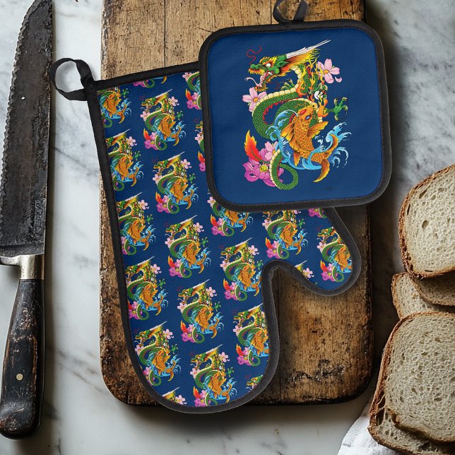 Green Chinese Dragon Koi Oven Mitt & Pot Holder Set (Creator Uploaded)