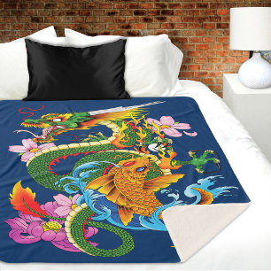 Green Chinese Dragon Koi Sherpa Blanket