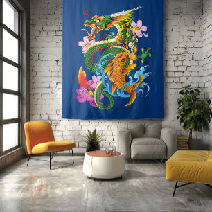 Green Chinese Dragon Koi Tapestry