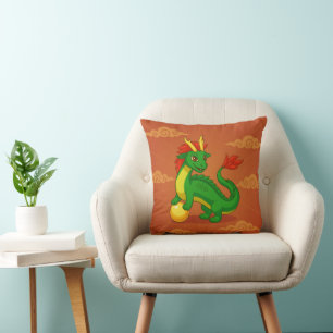 Green Chinese Dragon on Red Cushion