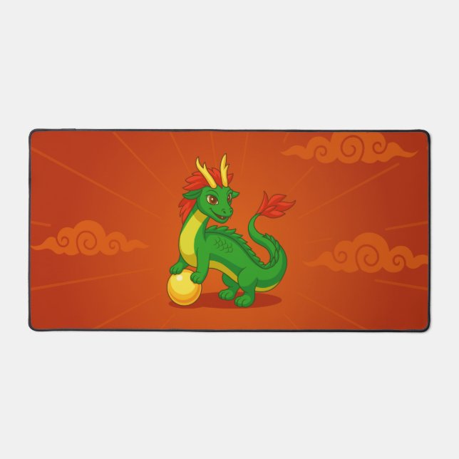 Green Chinese Dragon on Red Desk Mat (Front)