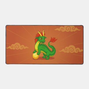 Green Chinese Dragon on Red Desk Mat
