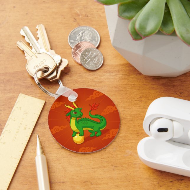 Green Chinese Dragon on Red Key Ring (Desk)