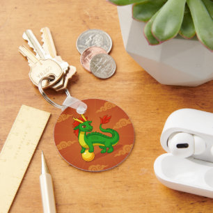 Green Chinese Dragon on Red Key Ring