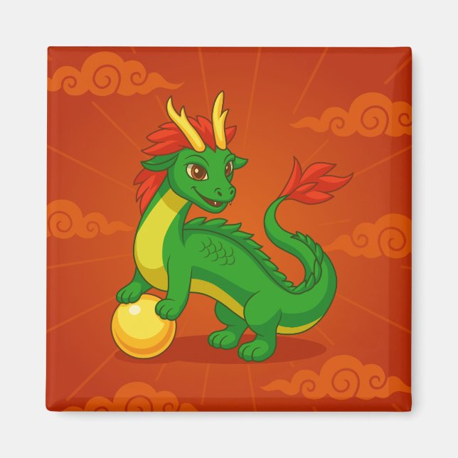 Green Chinese Dragon on Red Magnet (Front)