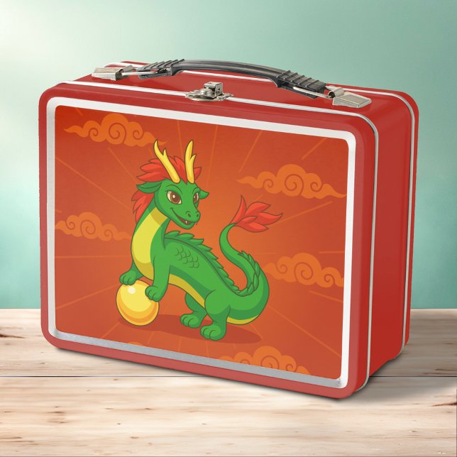 Green Chinese Dragon on Red Metal Lunch Box (Creator Uploaded)