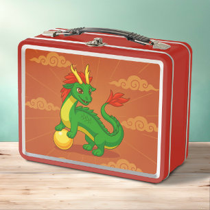 Green Chinese Dragon on Red Metal Lunch Box