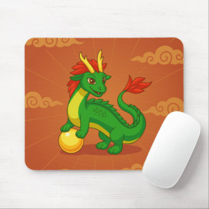 Green Chinese Dragon on Red Mouse Mat