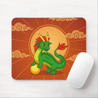 Green Chinese Dragon on Red Mouse Mat