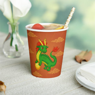 Green Chinese Dragon on Red Paper Cups