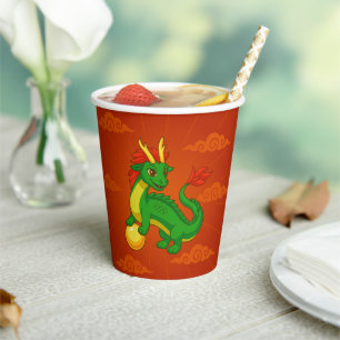 Green Chinese Dragon on Red Paper Cups