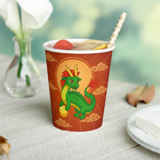 Green Chinese Dragon on Red Paper Cups