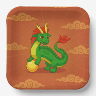 Green Chinese Dragon on Red Paper Plate