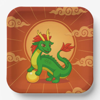 Green Chinese Dragon on Red Paper Plate