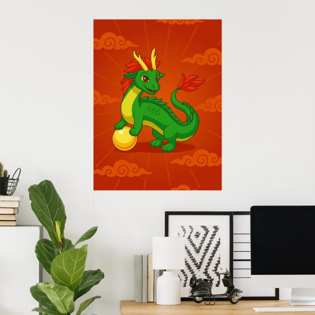 Green Chinese Dragon on Red Poster (Home Office)