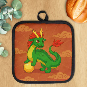 Green Chinese Dragon on Red Pot Holder