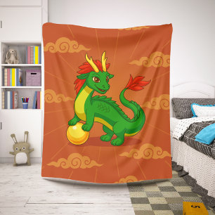 Green Chinese Dragon on Red Sherpa Blanket