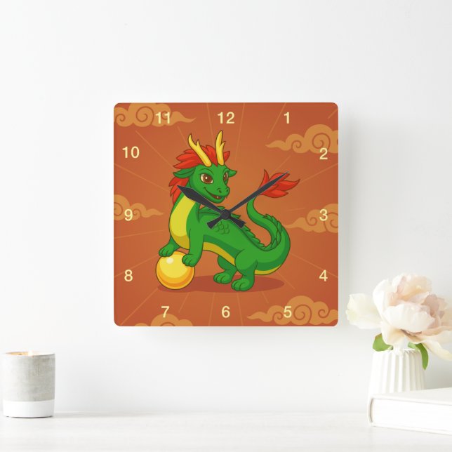 Green Chinese Dragon on Red Square Wall Clock (Home)