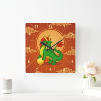 Green Chinese Dragon on Red Square Wall Clock