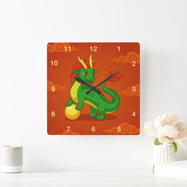 Green Chinese Dragon on Red Square Wall Clock (Home)