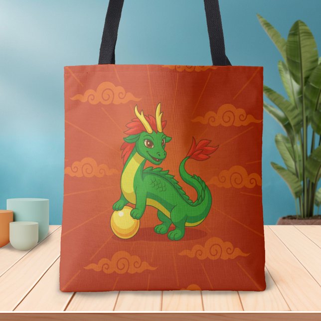 Green Chinese Dragon on Red Tote Bag (Creator Uploaded)