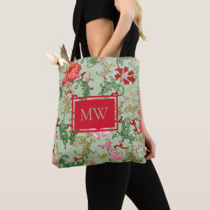 Green Chinese Floral Custom Monogram Tote Bag