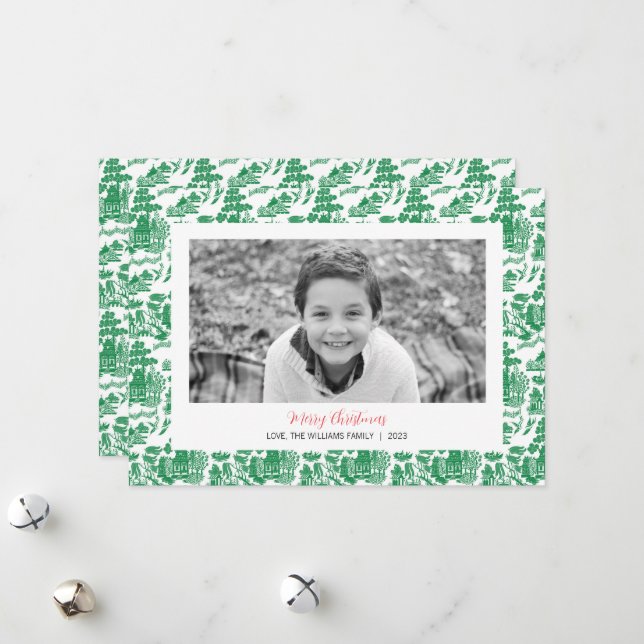 Green Chinoiserie Christmas Photo Card (Front/Back In Situ)