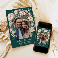 Green Chinoiserie Floral Bird Photo Save the Date