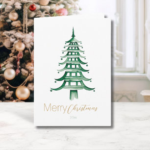 Green Chinoiserie Pagoda Christmas Tree  Card