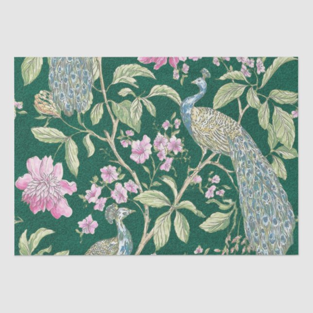 Green Chinoiserie peacock floral elegant decoupage Tissue Paper (Front)