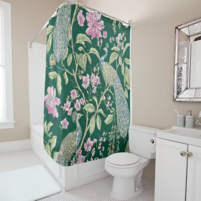 Green Chinoiserie peacock floral elegant  Shower Curtain (In Situ)